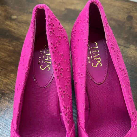CHAPS Dakota Wedge Sandals 8 Pink Espadrille Peep Toe Eyelet Embroidered Chic - Picture 10 of 10